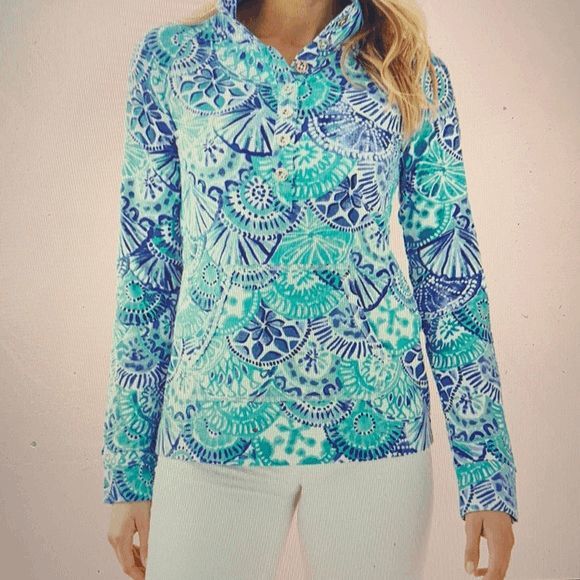 Lilly Pulitzer Tops - Lilly Pulitzer UPF 50+ Captain Popover Turquoise & White Oasis Half Shell Size M